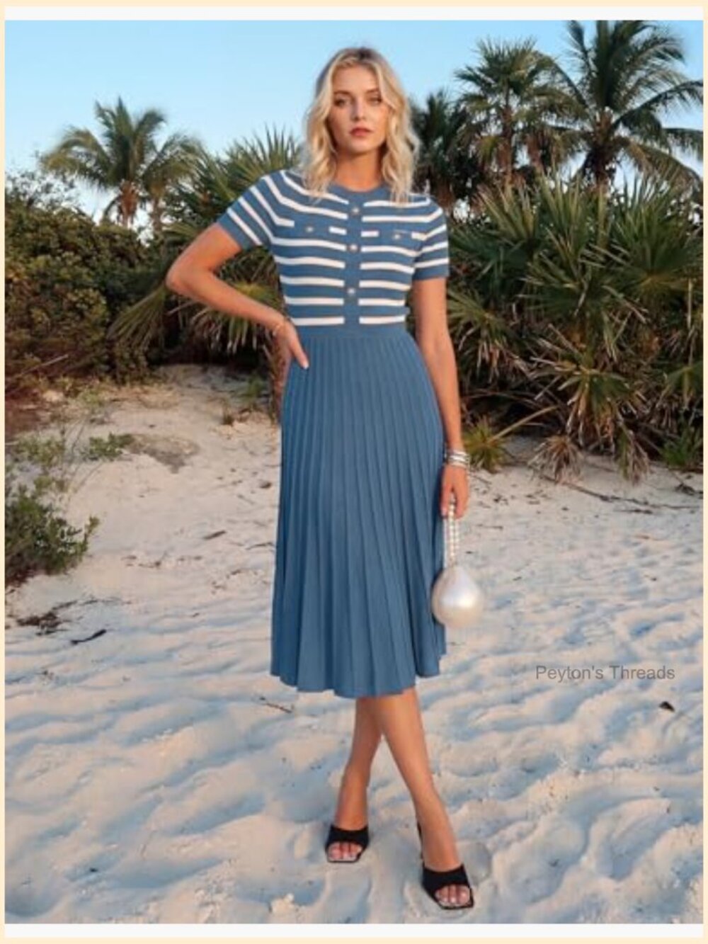 Striped Crewneck Short Sleeve Midi A-Line Pleated Swing Dress - Picture 2 of 7